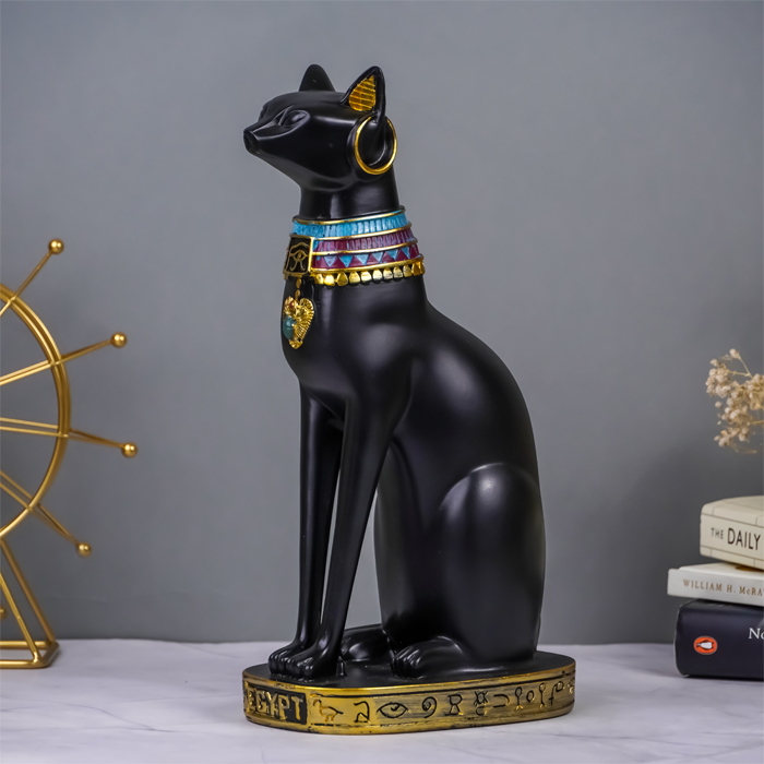 Black Egyptian Cat Statue with Golden Jewelry and Colorful Collar