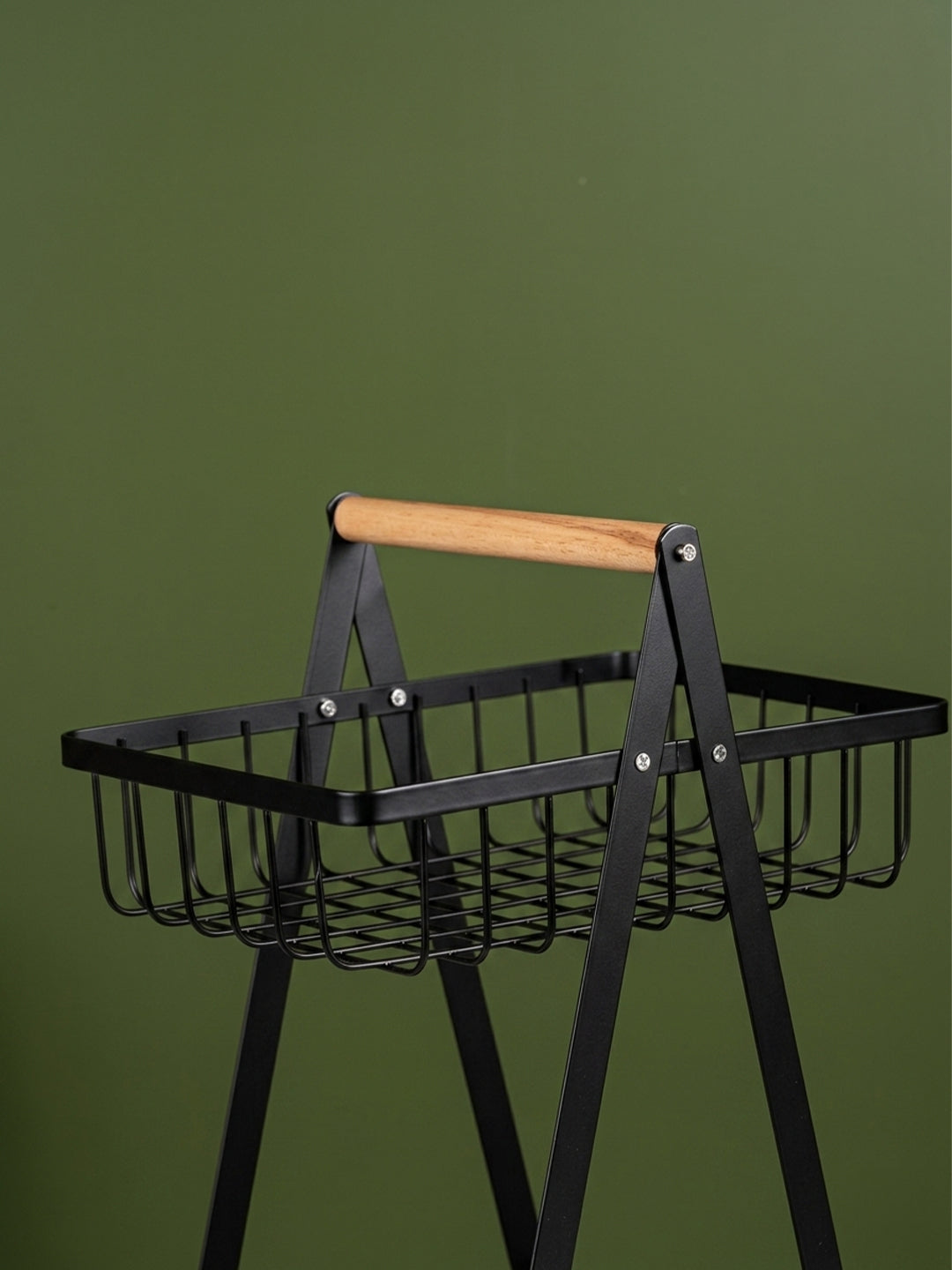 Black Two-Tier Metal Storage Basket - Kitchen Organizer with Wooden Handle Secondary image