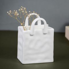 White Ceramic Bag Vase with Textured Design