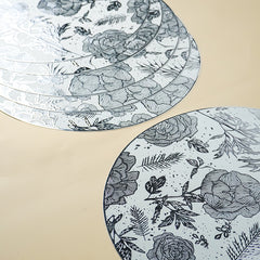 White Round Table Mat with Silver Floral Illustration