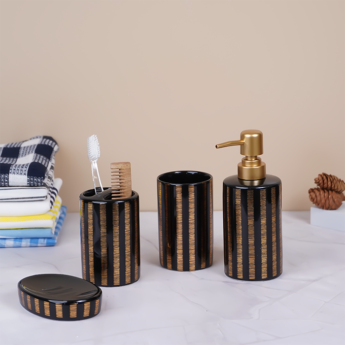 Black and Gold Striped Bathroom Set – Luxurious Ceramic Bath Accessories