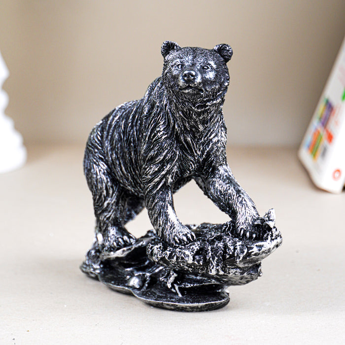 Silver Bear Figurine with Textured Fur