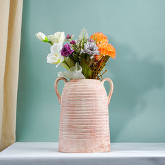 Terracotta Ribbed Handled Vase in Blush Pink