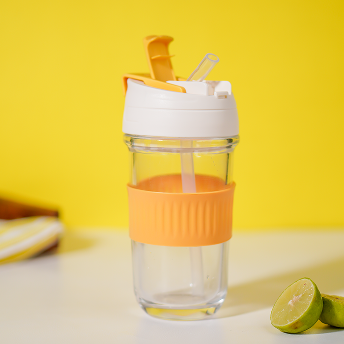 Orange Grip Glass Sipper with Built-In Straw