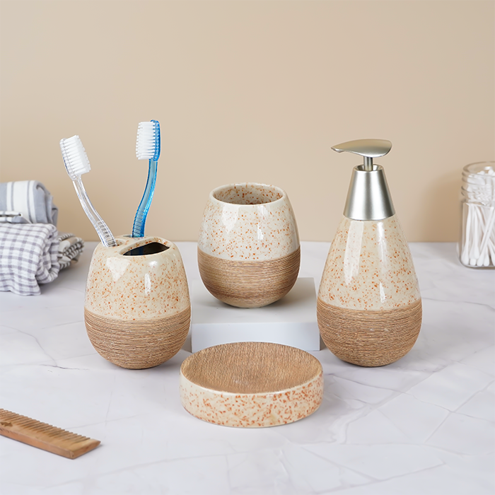 Speckled Cream and Wood Bathroom Set – Cozy Ceramic Bath Accessories