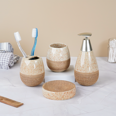 Speckled Cream and Wood Bathroom Set – Cozy Ceramic Bath Accessories