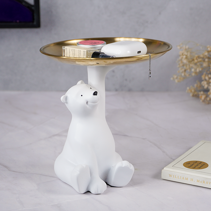 White Bear Figurine with Golden Tray