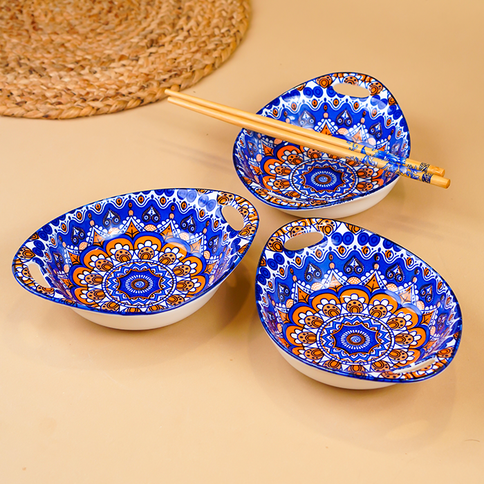 Blue & Orange Side Handles Ceramic Bowls Set of 3