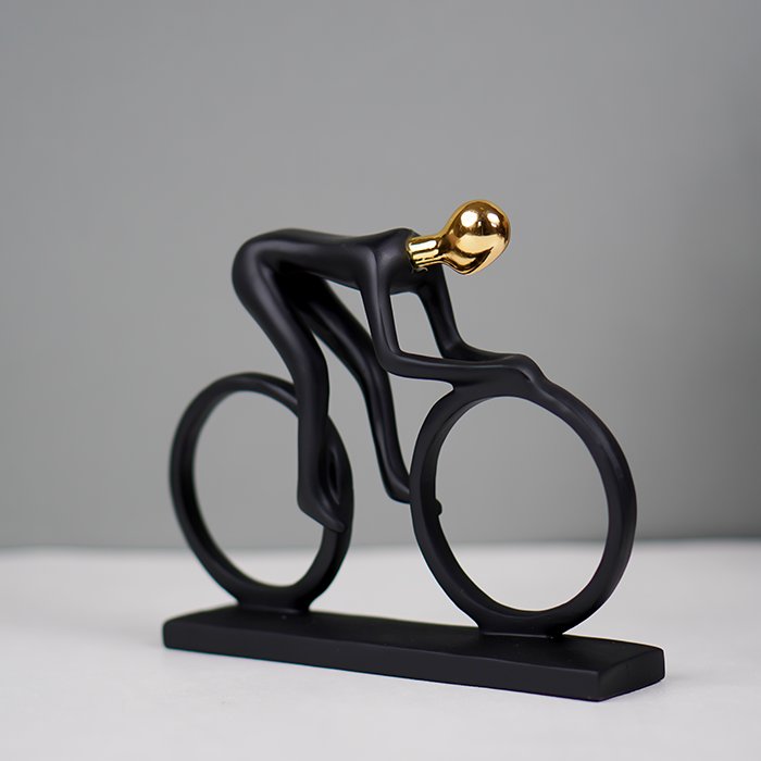 Matte Black Cyclist Sculpture with Gold Head - Modern Sports Art Décor