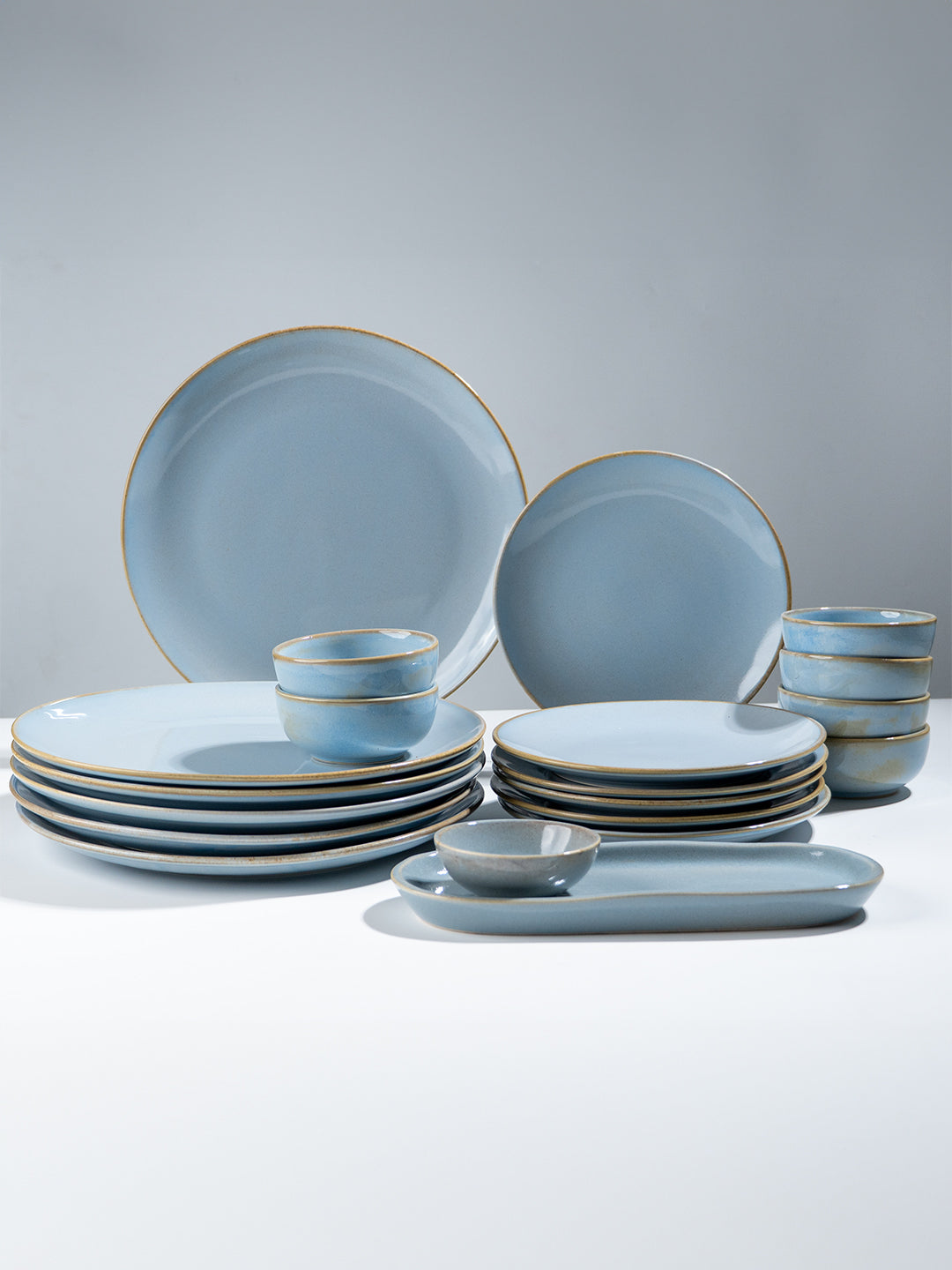 Light Blue Ceramic Dinner Set with Rustic Gold Rim Finish - Set of 19