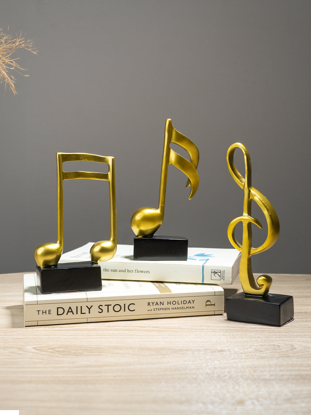 Gold Musical Note Sculptures with Black Bases | Set of 3