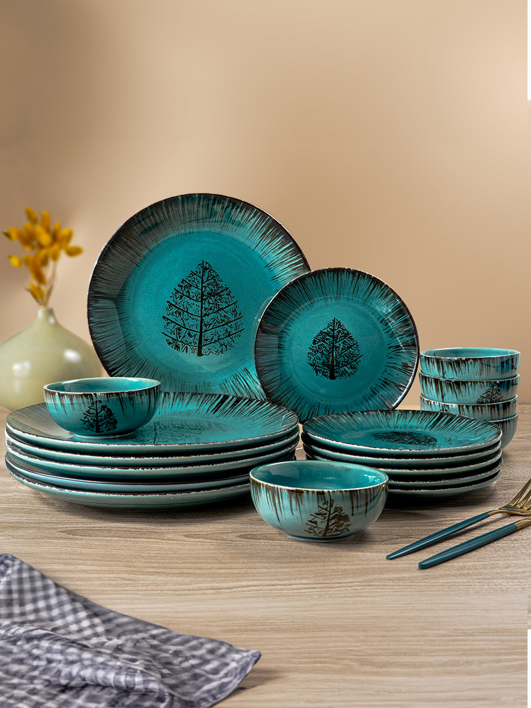 Ceramic Dinner Set with Black Tree Motif - Set of 18 Main image