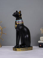 Black Egyptian Cat Statue with Golden Jewelry and Colorful Collar