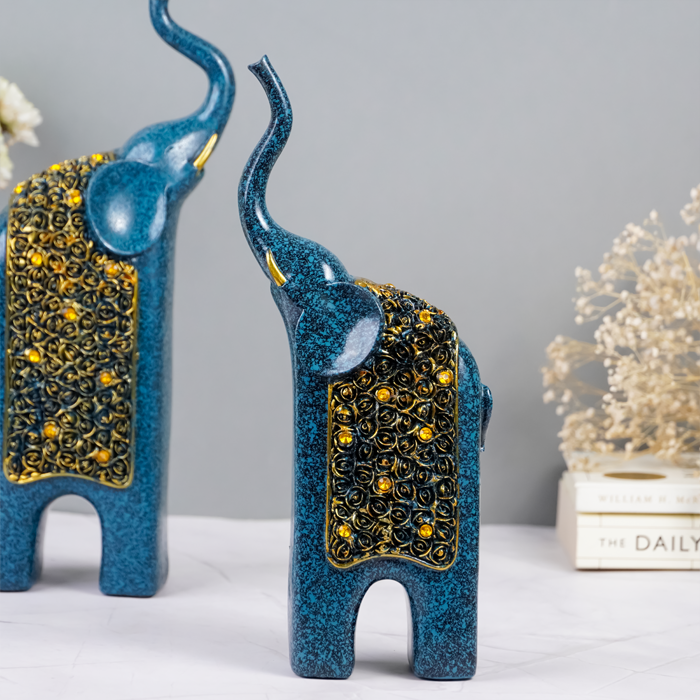 Blue Elephant Statues with Golden Accents - Unique Home Decor