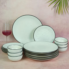 White Ceramic Speckled Dinner Set with Black Border (Set of 18)