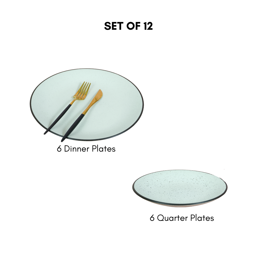 White Ceramic Speckled Dinner Set with Black Border (Set of 12)