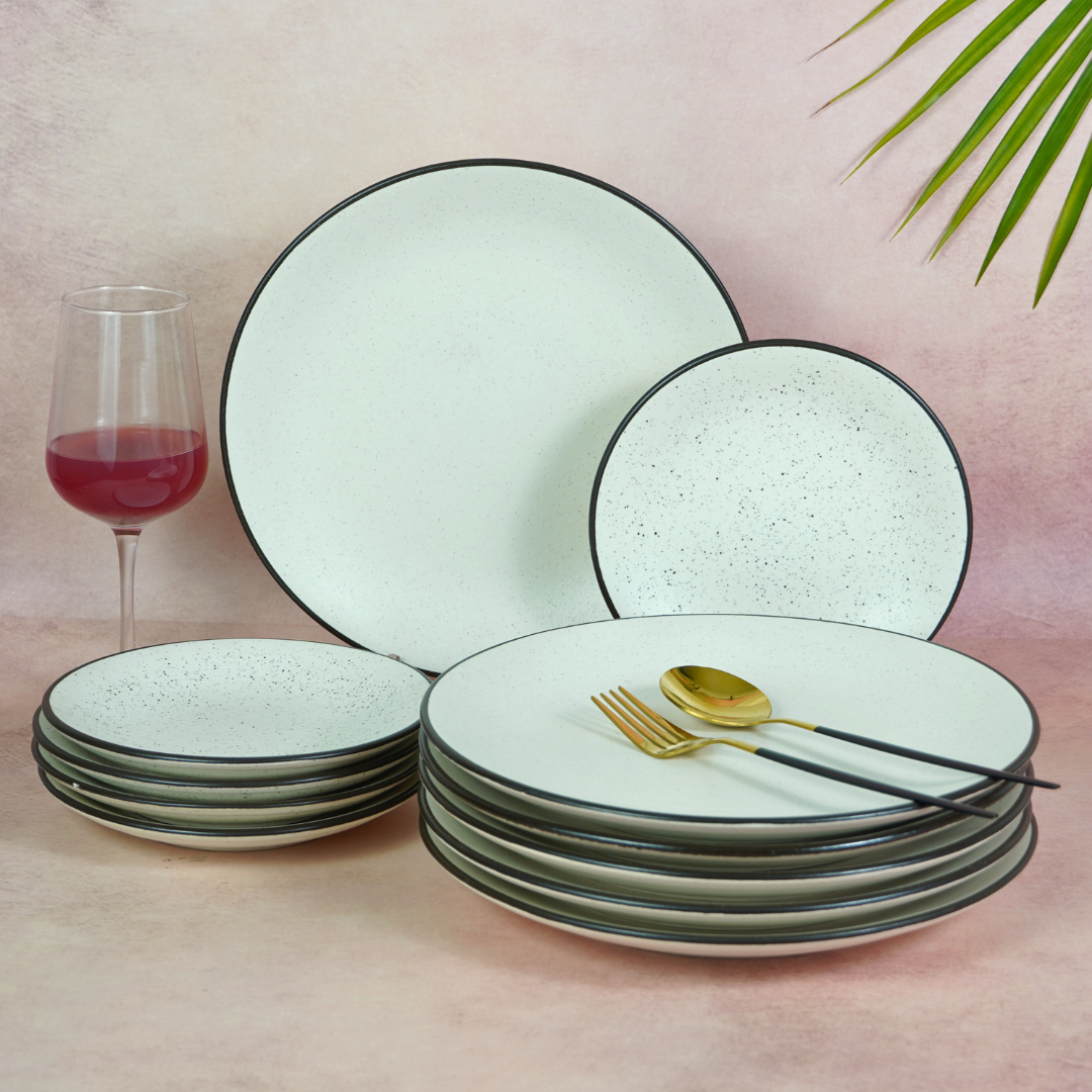 White Ceramic Speckled Dinner Set with Black Border (Set of 12)