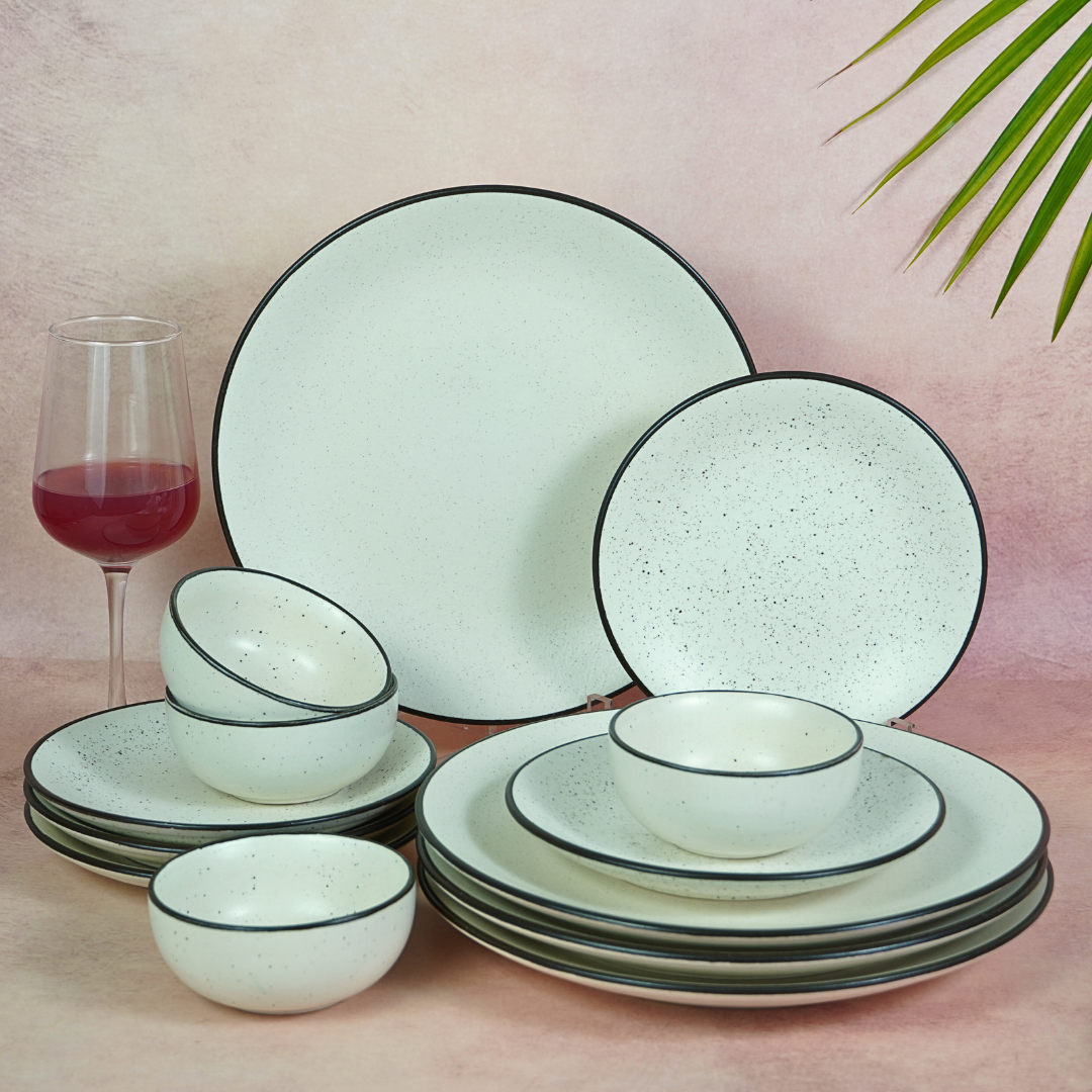 White Ceramic Speckled Dinner Set with Black Border (Set of 12)