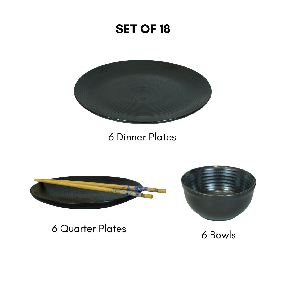 Black Monochrome Spiral Ceramic Dinner Set for 6 (Set of 18)