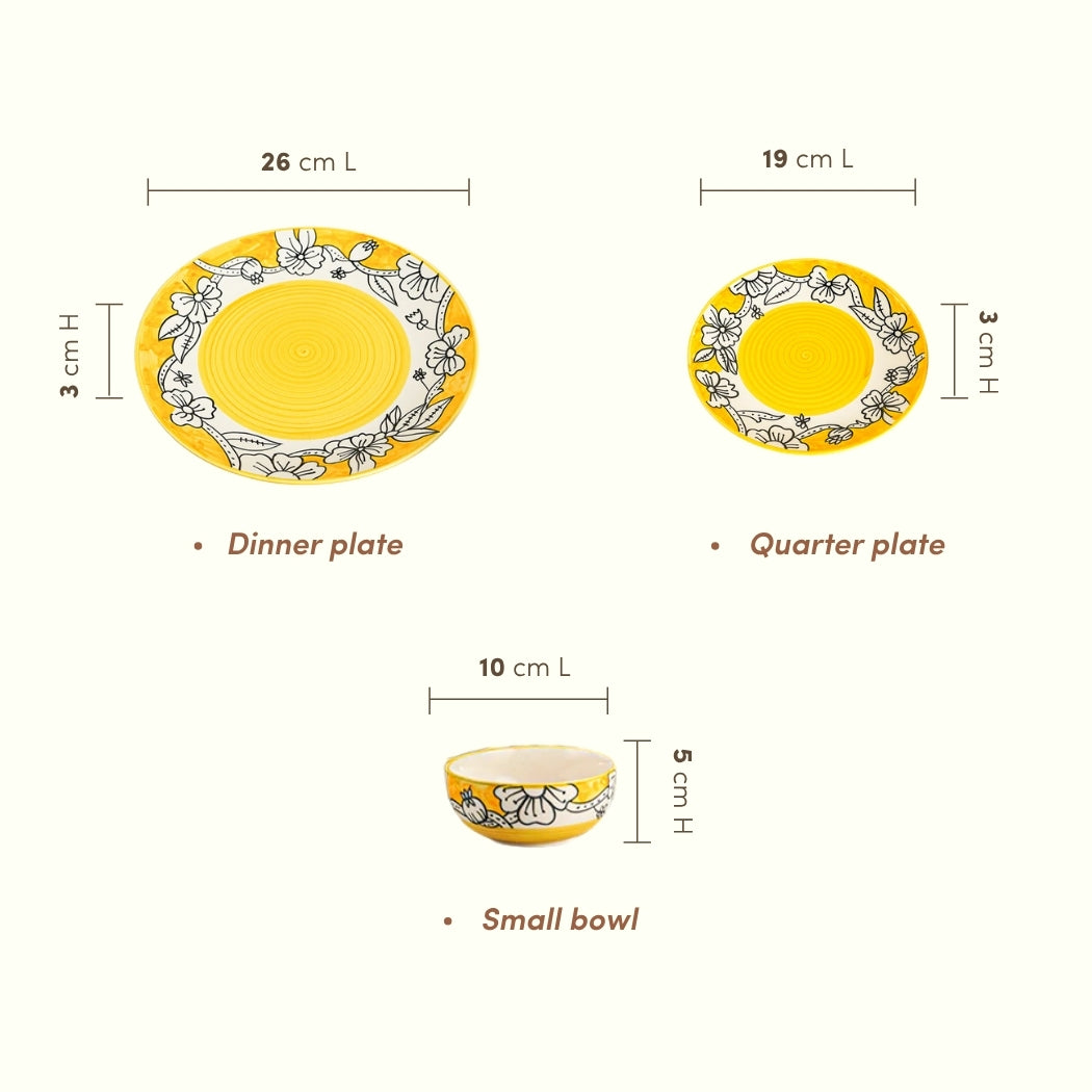 Yellow Ceramic Dinner Set with Black Floral Border - Set of 18