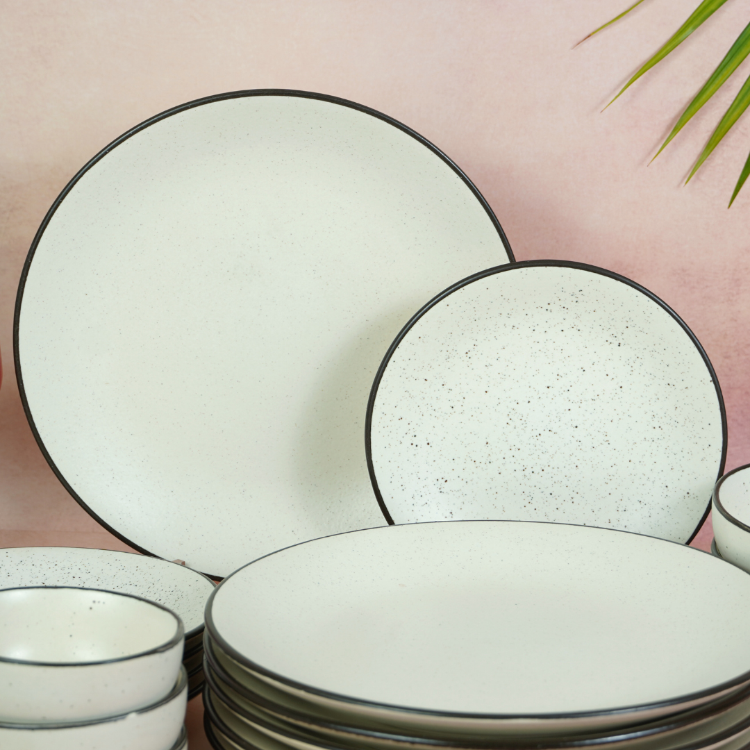 White Ceramic Speckled Dinner Set with Black Border (Set of 18)