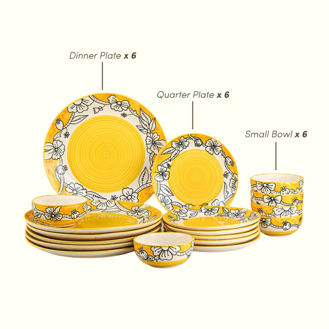 Yellow Ceramic Dinner Set with Black Floral Border - Set of 18