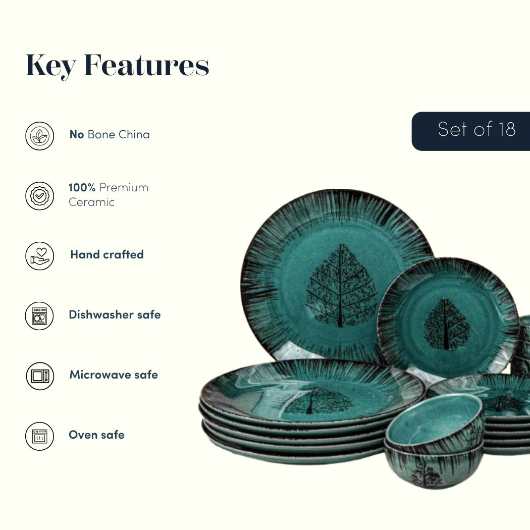 Ceramic Dinnerware Set with Black Tree Motif - Set of 18