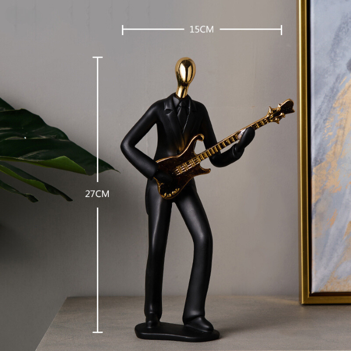 Black and Gold Musician Sculpture with Guitar - Modern Art Decor