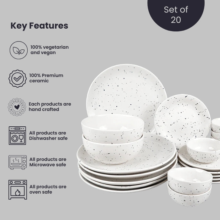 Speckled White Minimalist Ceramic Dinnerware Set of 20