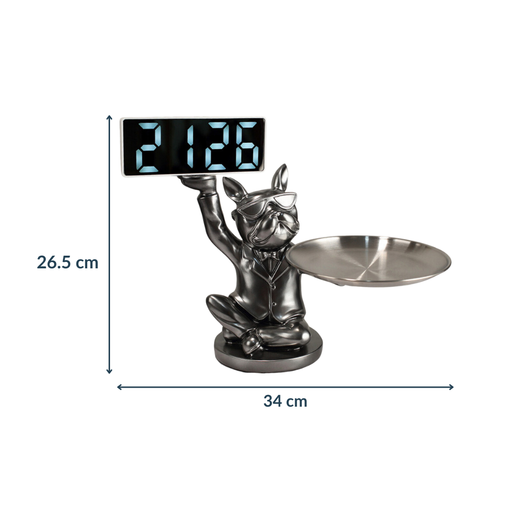 Silver Dog Figurine with Plate & Clock