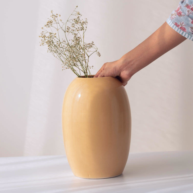 Beige Ceramic Oval Shaped Flower Vase