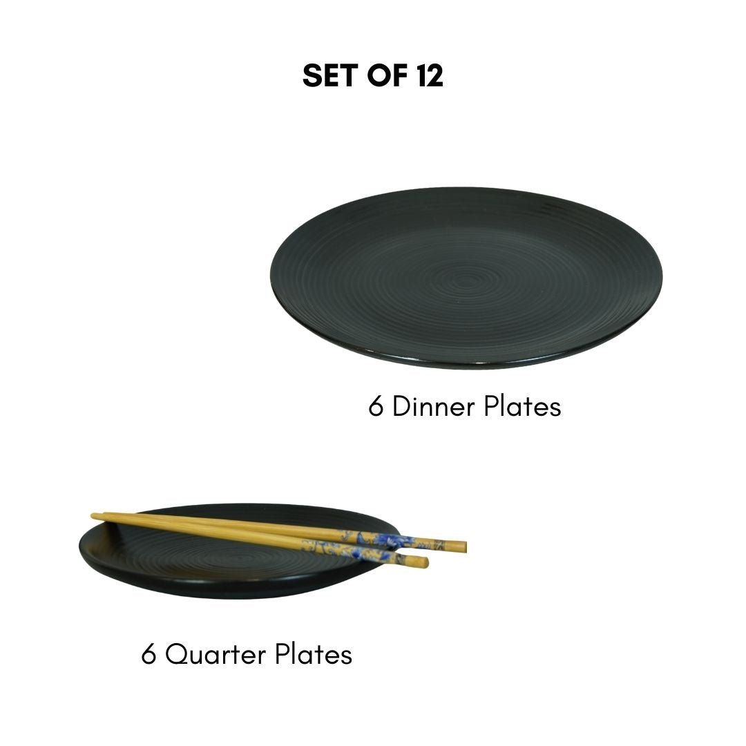 Black Monochrome Spiral Ceramic Dinner Set for 4 (Set of 12)