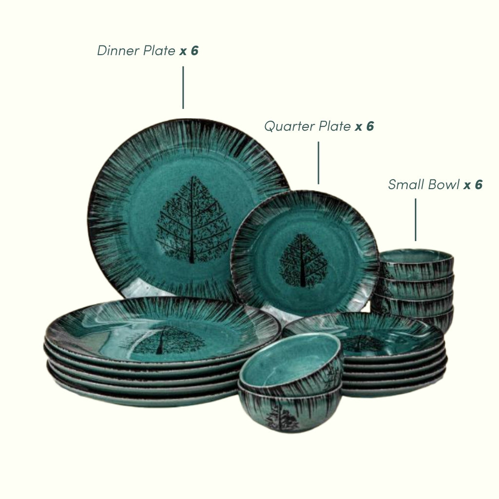 Ceramic Dinner Set with Black Tree Motif - Set of 18