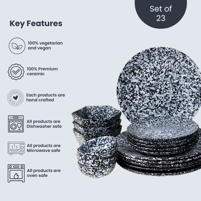 Black and White Speckled Ceramic Dinnerware - Set of 23