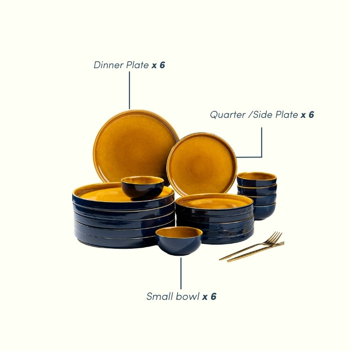Golden Dinner Set with Navy Blue Exterior (Set of 18)