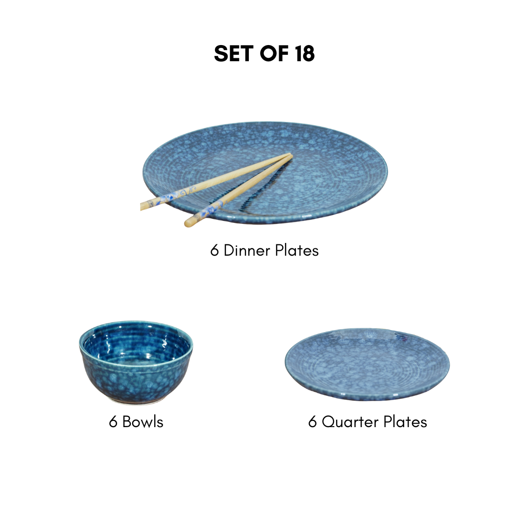 Dinner Set in Ceramic with a Speckled Blue Design (Set of 18)