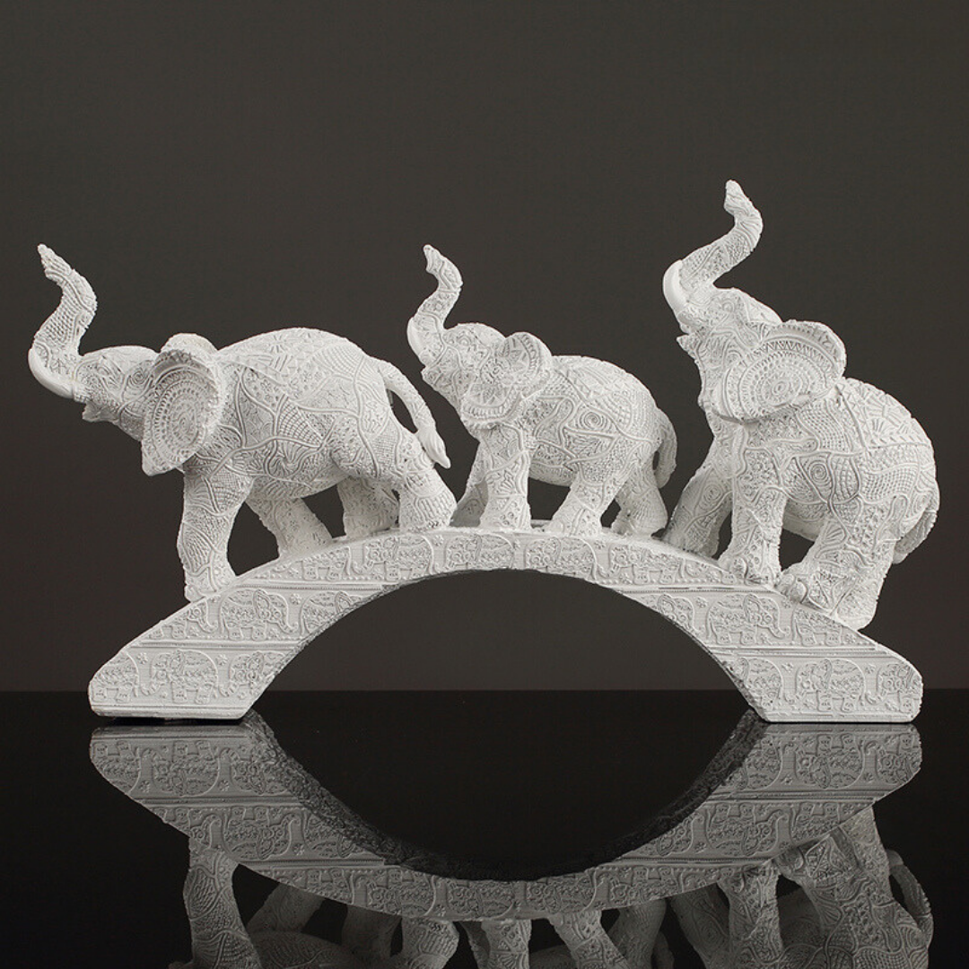 White Resin Elephant Family on Bridge