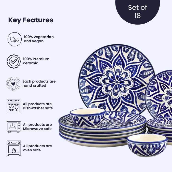 Blue Floral Mandala Design Dinnerware - Set of 18