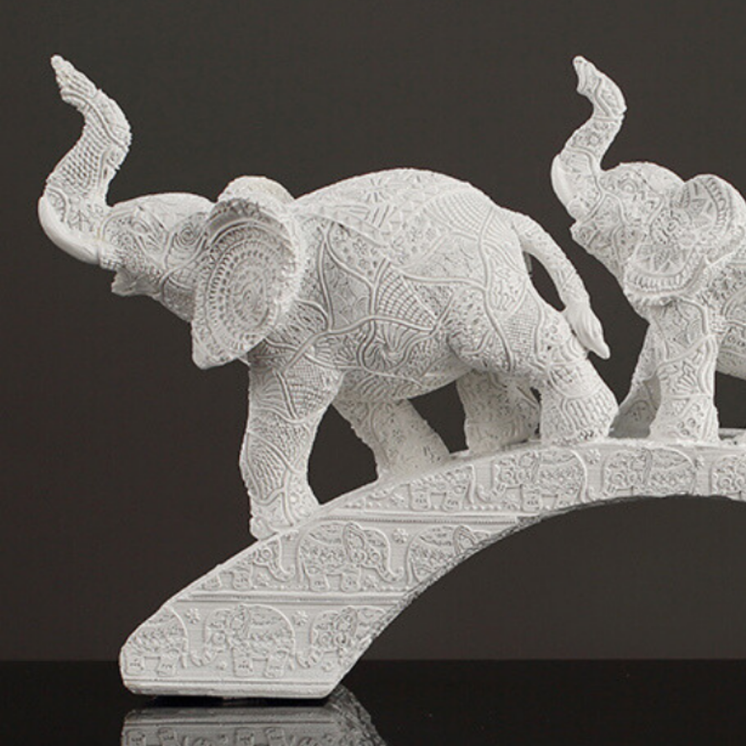 White Resin Elephant Family on Bridge