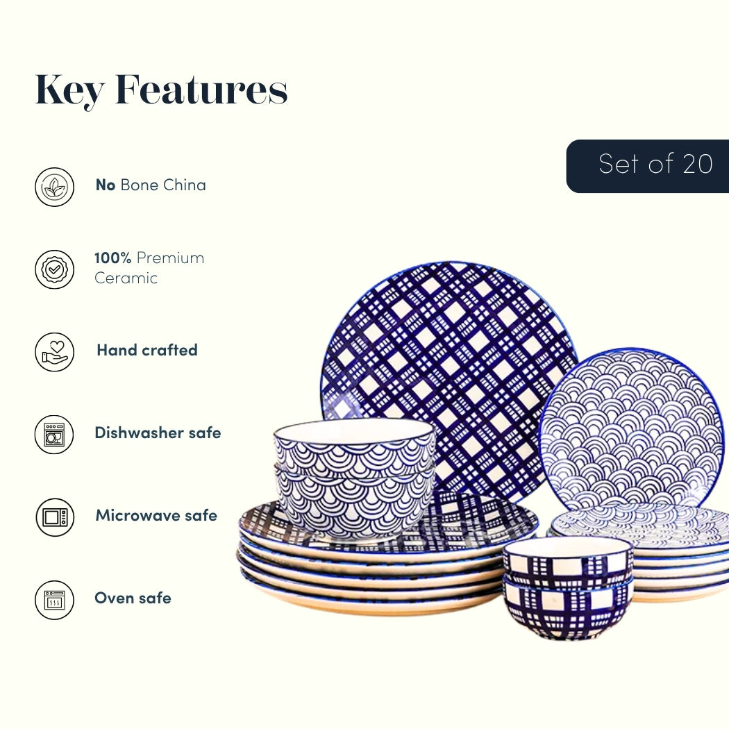 Blue and White Patterned Ceramic Dinner Set - Set of 20