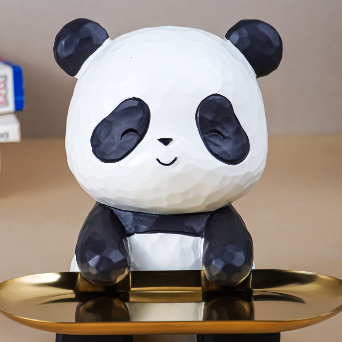 Black and White Panda Tray Holder with Gold Oval Plate