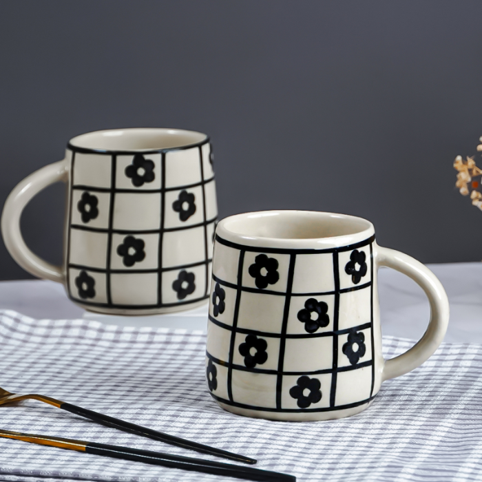 Ceramic Mug with Black Floral Design