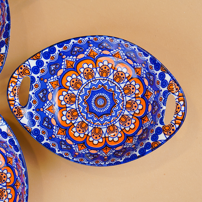 Blue & Orange Side Handles Ceramic Bowls Set of 3