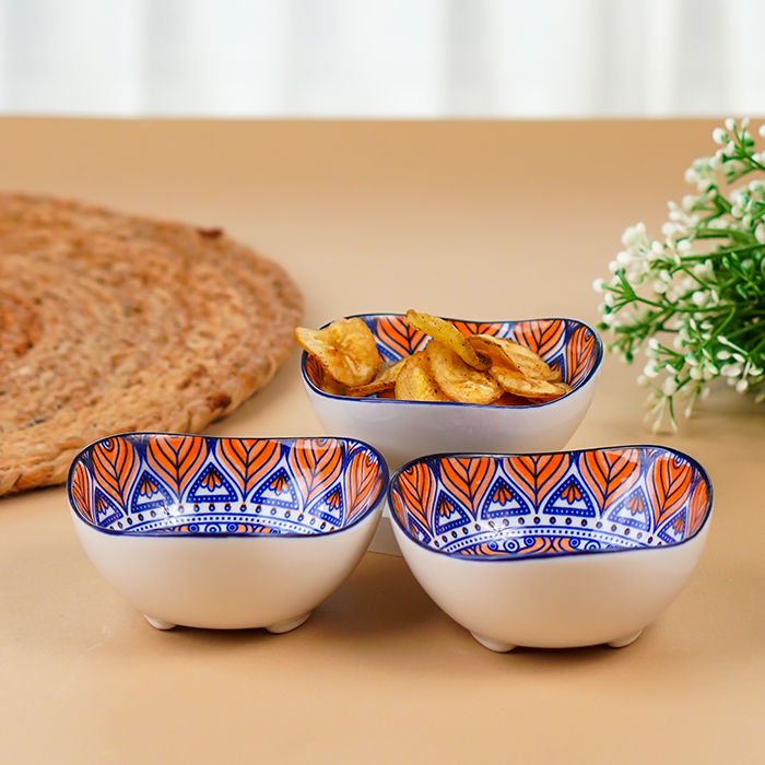 Blue & Orange Blaze Square Ceramic Bowls Set of 3