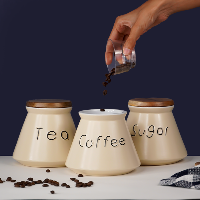 Beige Ceramic Jar Containers for Storage with Wooden Lid Secondary image