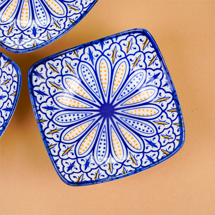 Blue & Yellow Petal-Design Square Ceramic Bowls Set of 3