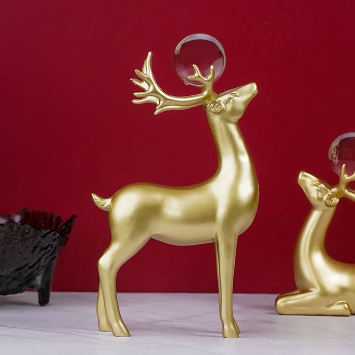 Gold Deer Sculptures with Crystal Balls