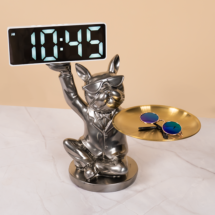 Silver Dog Figurine with Plate & Clock