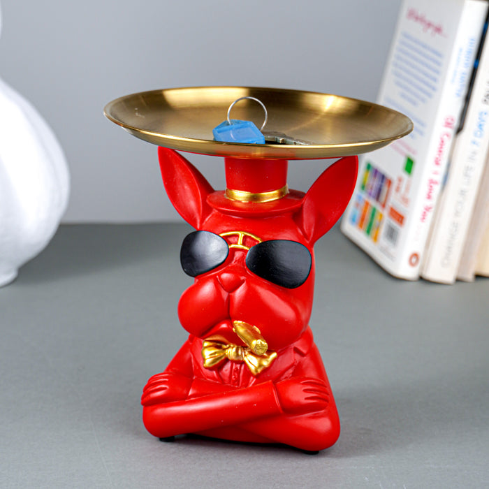 Red Bulldog Figurine with Gold Tray