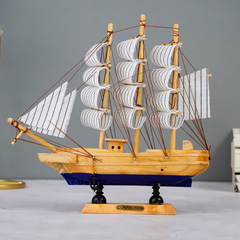 Light Wood and Blue Model Ship Sculpture